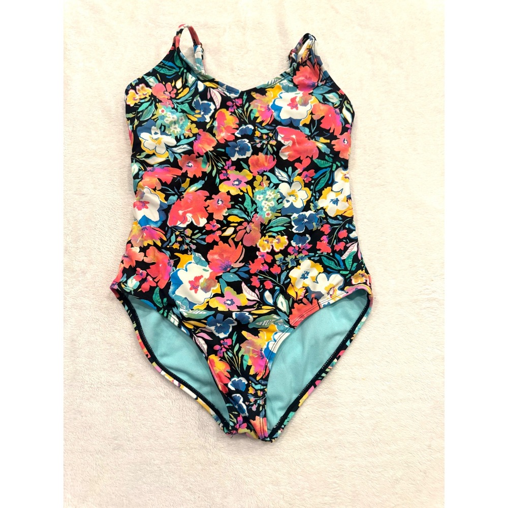 Ron Jon Surf Shop Girls Floral One Piece Swimsuit Strappy Back Black Size 12